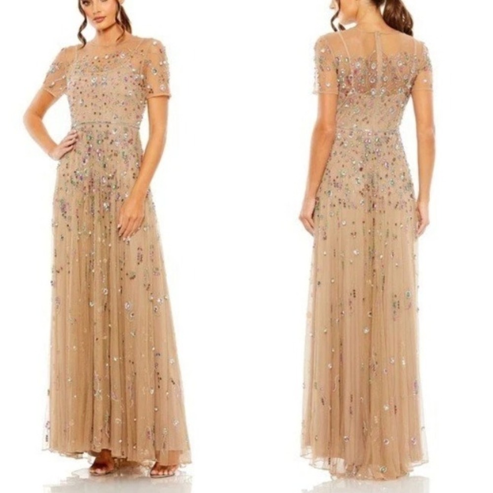 Mac Duggal Embellished Sequin A Line Gown Nude Multi Color Gemstones Maxi Gown